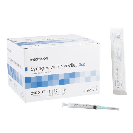 McKesson Standard Hypodermic Syringe with Needle McKesson 3 mL 1 Inch 21 Gauge NonSafety Thin Wall - Case of 1000 - 16-SN3C211-CS