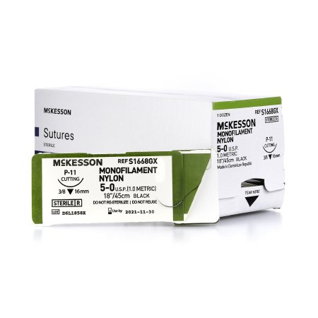 McKesson Nonabsorbable Suture with Needle McKesson Nylon P-11 3/8 Circle Precision Reverse Cutting Needle Size 5 - 0 Monofilament - Box of 1 - S1668GX-BX