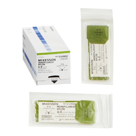 McKesson Nonabsorbable Suture with Needle McKesson Nylon P-13 3/8 Circle Precision Reverse Cutting Needle Size 6 - 0 Monofilament - Box of 1 - S1698GX-BX
