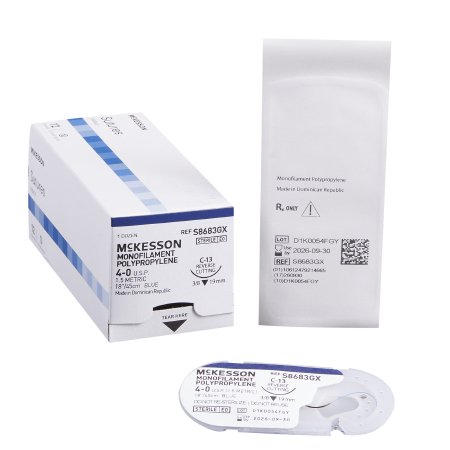 McKesson Nonabsorbable Suture with Needle McKesson Polypropylene C-13 3/8 Circle Reverse Cutting Needle Size 4 - 0 Monofilament - Box of 1 - S8683GX-BX