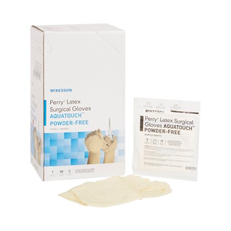 McKesson Surgical Glove McKesson Perry® Performance Plus AquaTouch™ Size 8 Sterile Latex Standard Cuff Length Smooth Cream Not Chemo Approved - Box of 50 - 20-1280N-BX