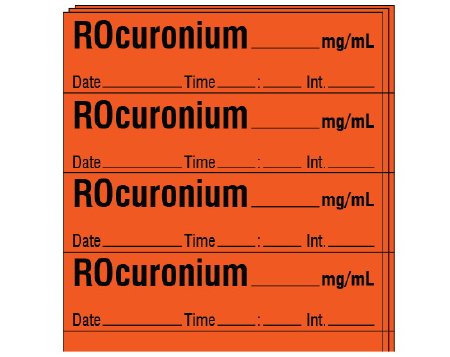 Shamrock Scientific Drug Label Shamrock Anesthesia Label Rocuronium_mg/mL Date_Time_Int_ Fluorescent Red 1/2 X 1 Inch - Pack of 250 - SA-2214-DTI-PK-PK