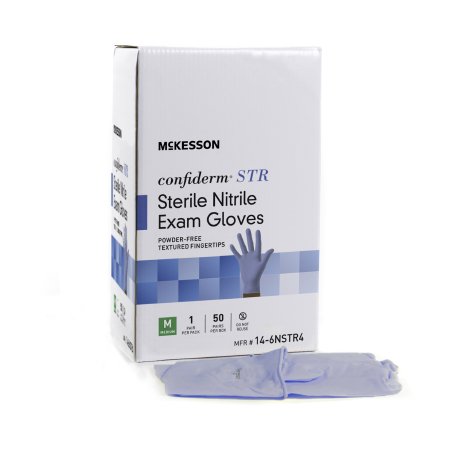 McKesson Exam Glove McKesson Confiderm® STR Medium Sterile Pair Nitrile Standard Cuff Length Textured Fingertips Blue Not Rated - Box of 50 - 14-6NSTR4-BX