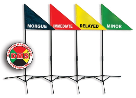 Disaster Management Systems Treatment Area Flag Kit (1)Red, Immediate Flag, (1) Yellow, Delayed Flag, (1) Green, Minor Flag, (1) Black, Morgue Flag, (4) Fold-Up Tripod Bases, (4) Telescopic Poles, (1)Durable Carry Bag - Each - DMS-05012-EA