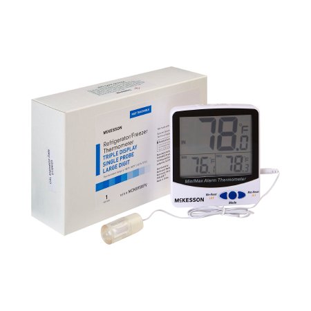 McKesson Digital Refrigerator / Freezer Thermometer with Alarm McKesson Fahrenheit / Celsius -58° to +158°F (-50° to +70°C) Glycol Bottle Probe / Internal Sensor Multiple Mounting Options Battery Operated - Each - MCK895RFV-EA