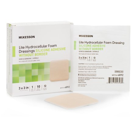 McKesson Thin Foam Dressing McKesson Lite 3 X 3 Inch Without Border Film Backing Silicone Gel Adhesive Square Sterile - Each - 4892-EA