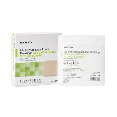 McKesson Thin Foam Dressing McKesson Lite 4 X 4 Inch Without Border Film Backing Silicone Gel Adhesive Square Sterile - Box of 10 - 4893-BX
