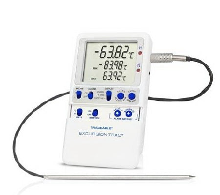 Cole-Parmer Inst. Datalogging Thermometer with Alarm Traceable® Excursion-Trac™ Celsius -90° to +105°C 2 Stainless Steel Probes / Platinum Sensors Multiple Mounting Options Battery Operated - Each - 98768-53-EA