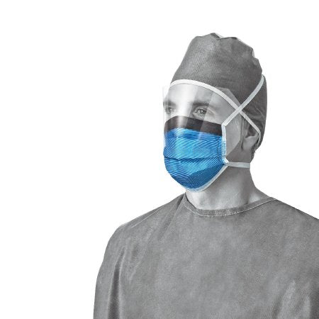 Medline Surgical Mask with Eye Shield Anti-fog Foam Pleated Tie Closure One Size Fits Most Blue NonSterile ASTM Level 3 Adult - Case of 250 - NON27810-CS