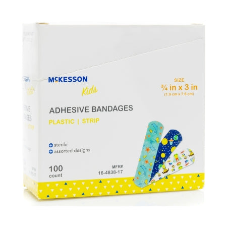 McKesson Adhesive Strip McKesson Kids™ 3/4 X 3 Inch Plastic Rectangle Kid Design (Assorted Prints) Sterile - Box of 100 - 16-4838-17-BX