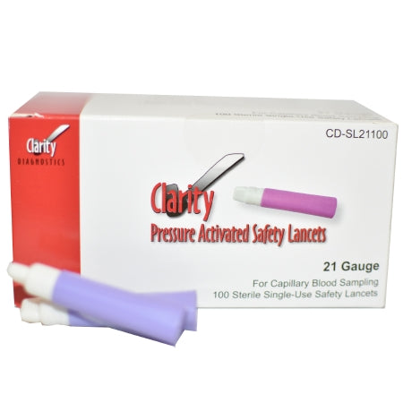 Clarity Diagnostics Safety Lancet 21 Gauge Retractable Push Button Activation Finger - Box of 100 - CD-SL21100-BX