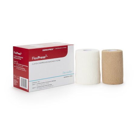 DermaRite Industries 2 Layer Compression Bandage System FlexPress2™ 4 Inch X 7-1/10 Yard / 4 Inch X 8-9/10 Yard Self-Adherent Closure Tan / White NonSterile Standard Compression - Each - 79202-EA