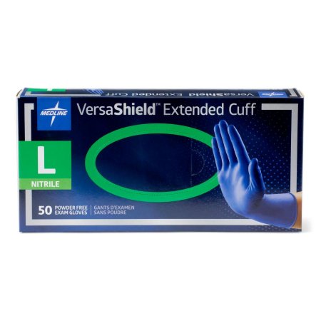 Medline Exam Glove VersaShield™ Large NonSterile Nitrile Extended Cuff Length Textured Fingertips Blue Chemo Tested / Fentanyl Tested - Box of 50 - VS711L-BX