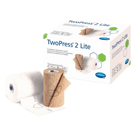 Hartmann 2 Layer Compression Bandage System with Visible Indicators TwoPress® 2 Lite 4 Inch X 7.1 Yard / 4 Inch X 8.9 Yard Self-Adherent Closure Tan / White NonSterile Standard Compression - Case of 8 - 332021-CS