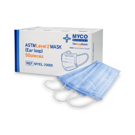 Myco Medical Supplies Procedure Mask Pleated Earloops One Size Fits Most Blue NonSterile ASTM Level 2 - Case of 1500 - MYEL20000-CS