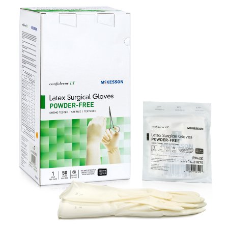 McKesson Surgical Glove Confiderm® LT Size 7 Sterile Latex Standard Cuff Length Fully Textured Ivory Chemo Tested - Box of 50 - 14-31070-BX