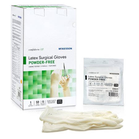 McKesson Surgical Glove Confiderm® LT Size 8 Sterile Latex Standard Cuff Length Fully Textured Ivory Chemo Tested - Case of 200 - 14-31080-CS