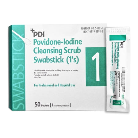 Professional Disposables Impregnated Swabstick PDI® 7.5% Strength Povidone-Iodine Individual Packet NonSterile - Box of 50 - S48050-BX