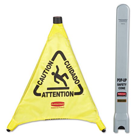 Rubbermaid® Commercial Multilingual Pop-Up Safety Cone, 3-Sided, Fabric, 21 x 21 x 20, Yellow - Each - RCP-9S00YEL-EA