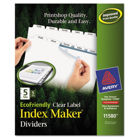 Avery® Index Maker EcoFriendly Print and Apply Clear Label Dividers with White Tabs, 5-Tab, 11 x 8.5, White, 5 Sets - Pack of 1 - AVE-11580-PK