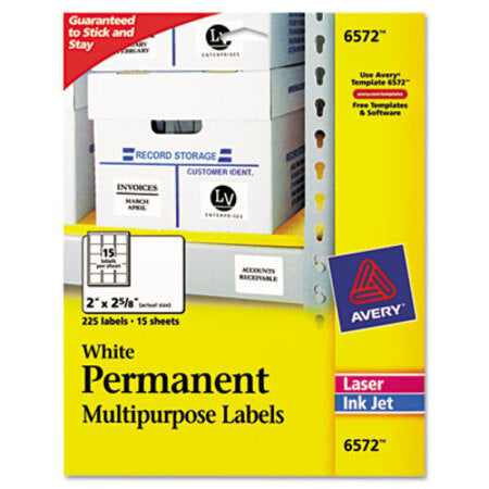 Avery® Permanent ID Labels w/ Sure Feed Technology, Inkjet/Laser Printers, 2 x 2.63, White, 15/Sheet, 15 Sheets/Pack - Pack of 1 - AVE-6572-PK