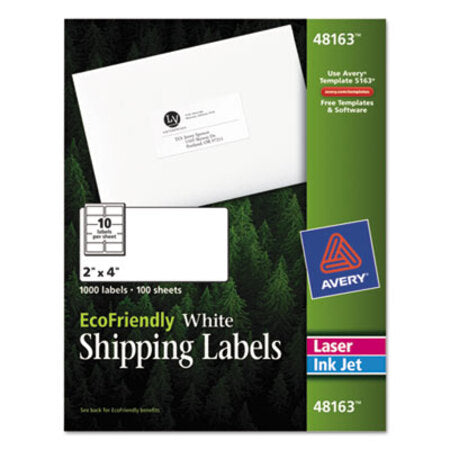Avery® EcoFriendly Mailing Labels, Inkjet/Laser Printers, 2 x 4, White, 10/Sheet, 100 Sheets/Pack - Box of 1 - AVE-48163-BX
