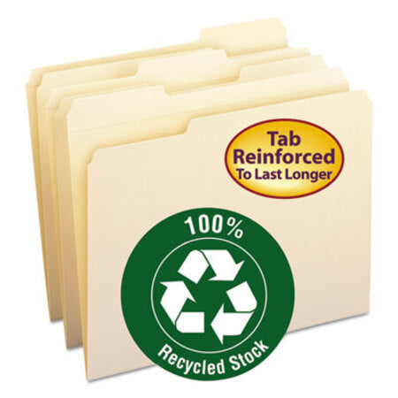 Smead™ 100% Recycled Reinforced Top Tab File Folders, 1/3-Cut Tabs: Assorted, Letter Size, 0.75" Expansion, Manila, 100/Box - Box of 1 - SMD-10347-BX