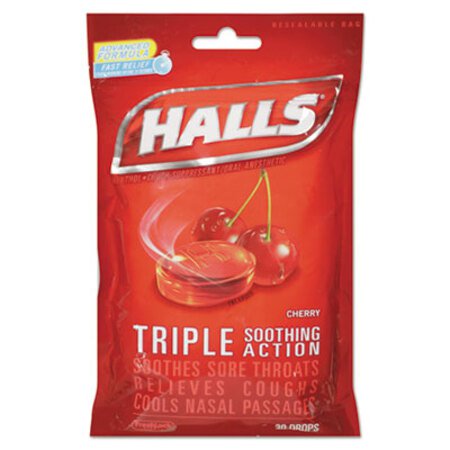 HALLS Triple Action Cough Drops, Cherry, 30/Bag, 12 Bags/Box - Box of 1 - CDB-27499-BX