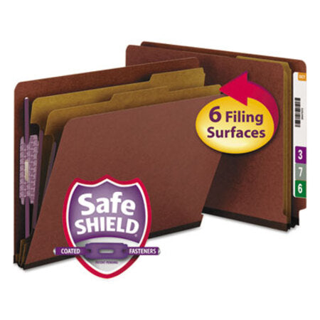 Smead™ End Tab Pressboard Classification Folders, Six SafeSHIELD Fasteners, 2" Expansion, 2 Dividers, Letter Size, Red, 10/Box - Box of 1 - SMD-26860-BX
