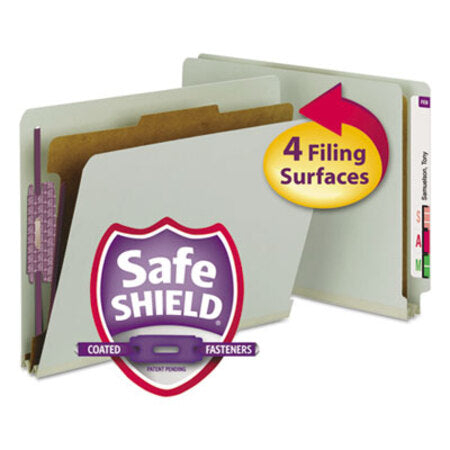 Smead™ End Tab Pressboard Classification Folders, Four SafeSHIELD Fasteners, 2" Expansion, 1 Divider, Letter Size, Gray-Green, 10/BX - Box of 1 - SMD-26800-BX