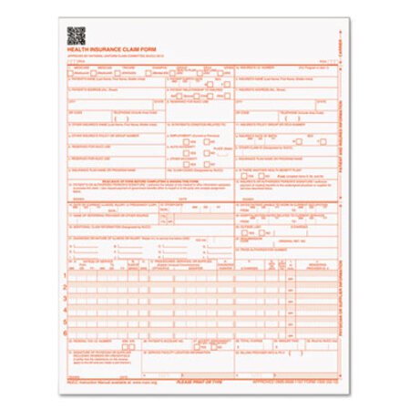 TOPS™ CMS-1500 Medicare/Medicaid Forms for Laser Printers, One-Part (No Copies), 8.5 x 11, 500 Forms Total - Pack of 500 - TOP-50126RV-PK