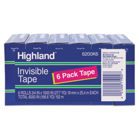 Highland™ Invisible Permanent Mending Tape, 1" Core, 0.75" x 83.33 ft, Clear, 6/Pack - Pack of 1 - MMM-6200K6-PK