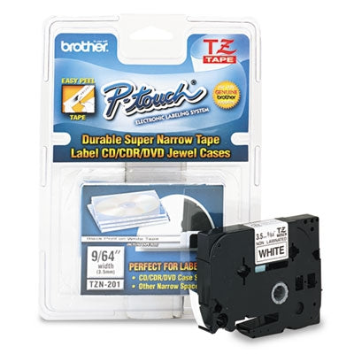 Brother P-Touch® TZ Super-Narrow Non-Laminated Tape for P-Touch Labeler, 0.13" x 26.2 ft, Black on White - Each - BRT-TZEN201-EA