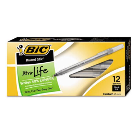 Bic® Round Stic Xtra Life Ballpoint Pen, Stick, Medium 1 mm, Black Ink, Smoke Barrel, Dozen - DZ/1 - BIC-GSM11BK-DZ