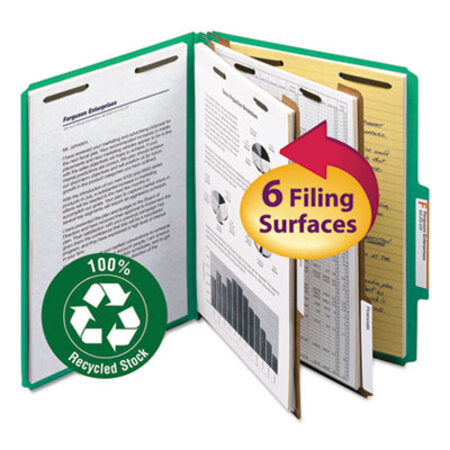 Smead™ Recycled Pressboard Classification Folders, 2" Expansion, 2 Dividers, 6 Fasteners, Letter Size, Green Exterior, 10/Box - Box of 1 - SMD-14063-BX