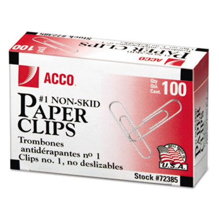 ACCO Paper Clips, #1, Nonskid, Silver, 100 Clips/Box, 10 Boxes/Pack - Pack of 1 - ACC-72385-PK