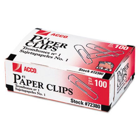 ACCO Paper Clips, #1, Smooth, Silver, 100 Clips/Box, 10 Boxes/Pack - Pack of 1 - ACC-72380-PK