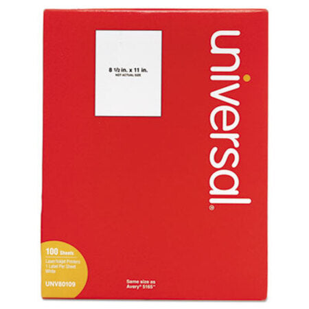 Universal® White Labels, Inkjet/Laser Printers, 8.5 x 11, White, 100/Box - Box of 1 - UNV-80109-BX
