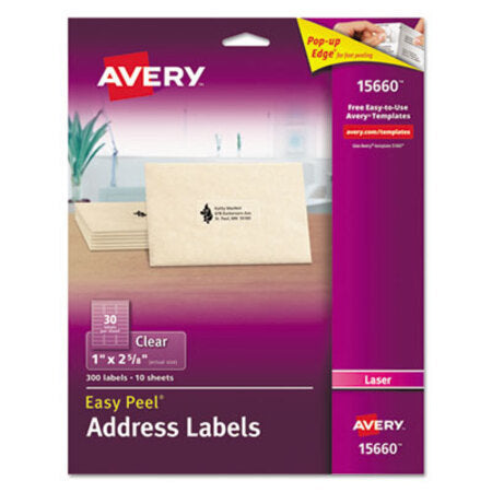 Avery® Matte Clear Easy Peel Mailing Labels w/ Sure Feed Technology, Laser Printers, 1 x 2.63, Clear, 30/Sheet, 10 Sheets/Pack - Pack of 1 - AVE-15660-PK