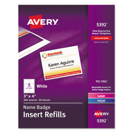 Avery® Name Badge Insert Refills, Horizontal/Vertical, 3 x 4, White, 300/Box - Box of 1 - AVE-5392-BX