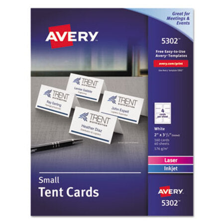 Avery® Small Tent Card, White, 2 x 3.5, 4 Cards/Sheet, 40 Sheets/Pack - Box of 1 - AVE-5302-BX