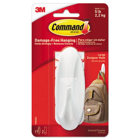 Command™ General Purpose Hooks, Large, Plastic, White, 5 lb Capacity, 1 Hook and 2 Strips/Pack - Pack of 1 - MMM-17083ES-PK