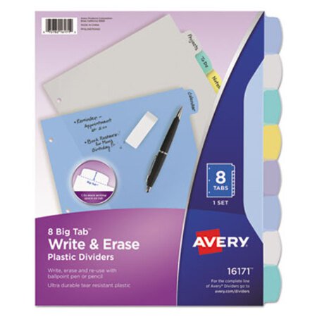 Avery® Write and Erase Big Tab Durable Plastic Dividers, 3-Hole Punched, 8-Tab, 11 x 8.5, Assorted, 1 Set - ST/1 - AVE-16171-ST