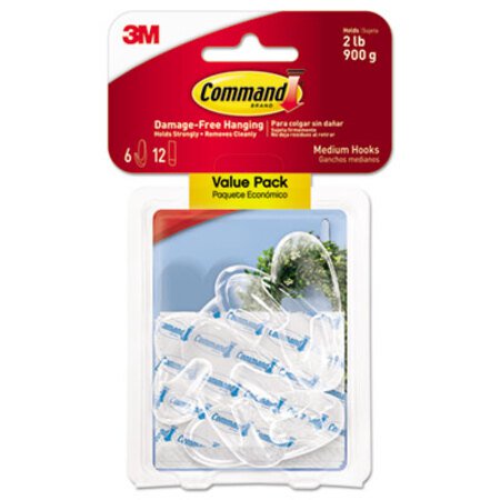 Command™ Clear Hooks and Strips, Medium, Plastic, 2 lb Capacity, 6 Hooks and 12 Strips/Pack - Pack of 1 - MMM-17091CLR6ES-PK
