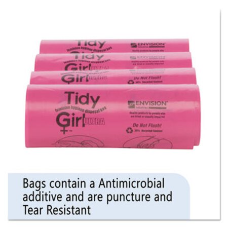 Tidy Girl™ Feminine Hygiene Sanitary Disposal Bags, 4" x 10", Pink/Black, 150 Bags/Roll, 4 Rolls/Carton - CT/1 - STO-TGUF-CT