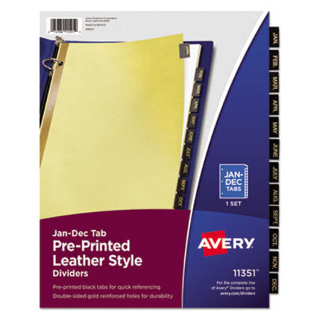 Avery® Preprinted Black Leather Tab Dividers w/Gold Reinforced Edge, 12-Tab, Jan. to Dec., 11 x 8.5, Buff, 1 Set - ST/1 - AVE-11351-ST