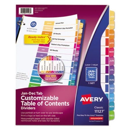Avery® Customizable TOC Ready Index Multicolor Tab Dividers, 12-Tab, Jan. to Dec., 11 x 8.5, White, Traditional Color Tabs, 1 Set - ST/1 - AVE-11127-ST