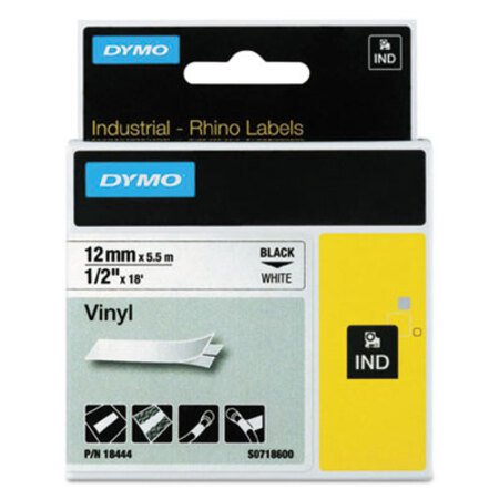 Dymo® Rhino Permanent Vinyl Industrial Label Tape, 0.5" x 18 ft, White/Black Print - Each - DYM-18444-EA