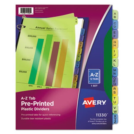 Avery® Durable Preprinted Plastic Tab Dividers, 12-Tab, A to Z, 11 x 8.5, Assorted, 1 Set - ST/1 - AVE-11330-ST