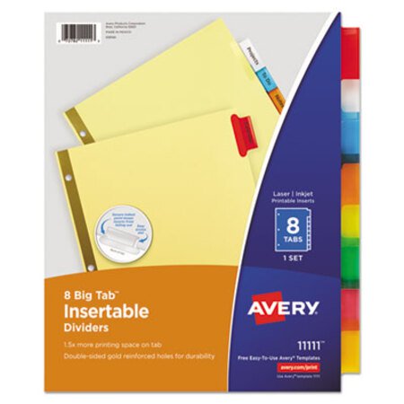Avery® Insertable Big Tab Dividers, 8-Tab, Double-Sided Gold Edge Reinforcing, 11 x 8.5, Buff, Assorted Tabs, 1 Set - ST/1 - AVE-11111-ST